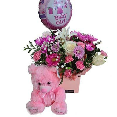Baby girl gift package pink flowers teddy bear balloon