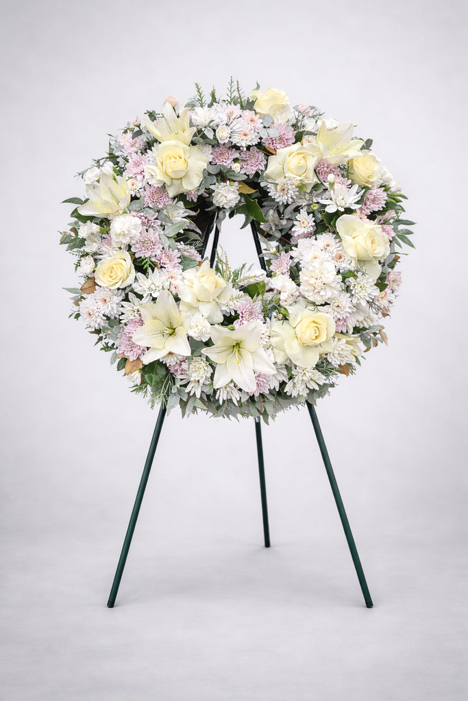 wreath funeral flowers on stand sympathy