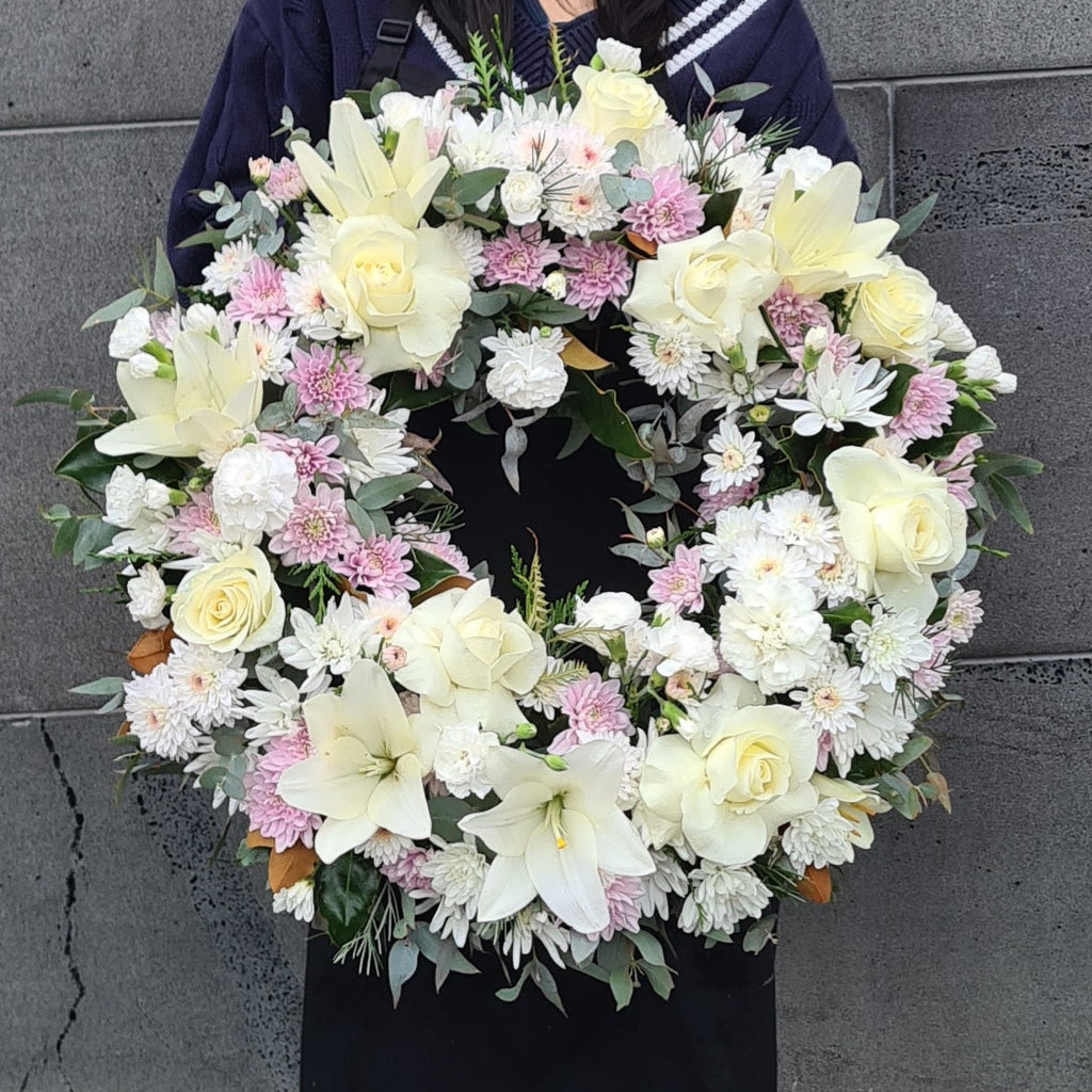 Funeral wreath white cream pink