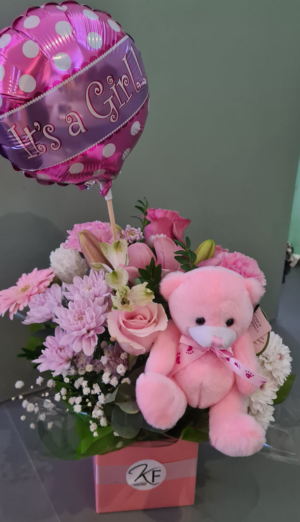 Baby girl gift package pink flowers teddy bear balloon