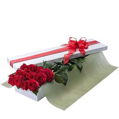 One dozen long stemmed red roses gift box