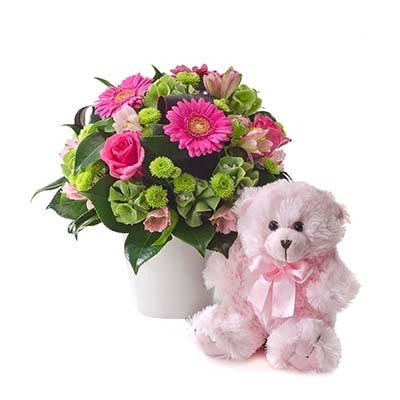 New baby girl pink flowers teddy bear large package
